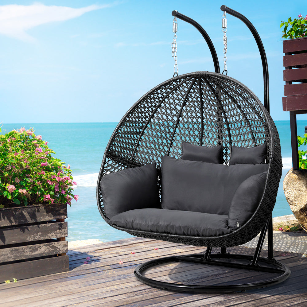 Marlook Outdoor Egg Swing Chair Hanging Pod Chair Wicker Cushion 2 Person Grey