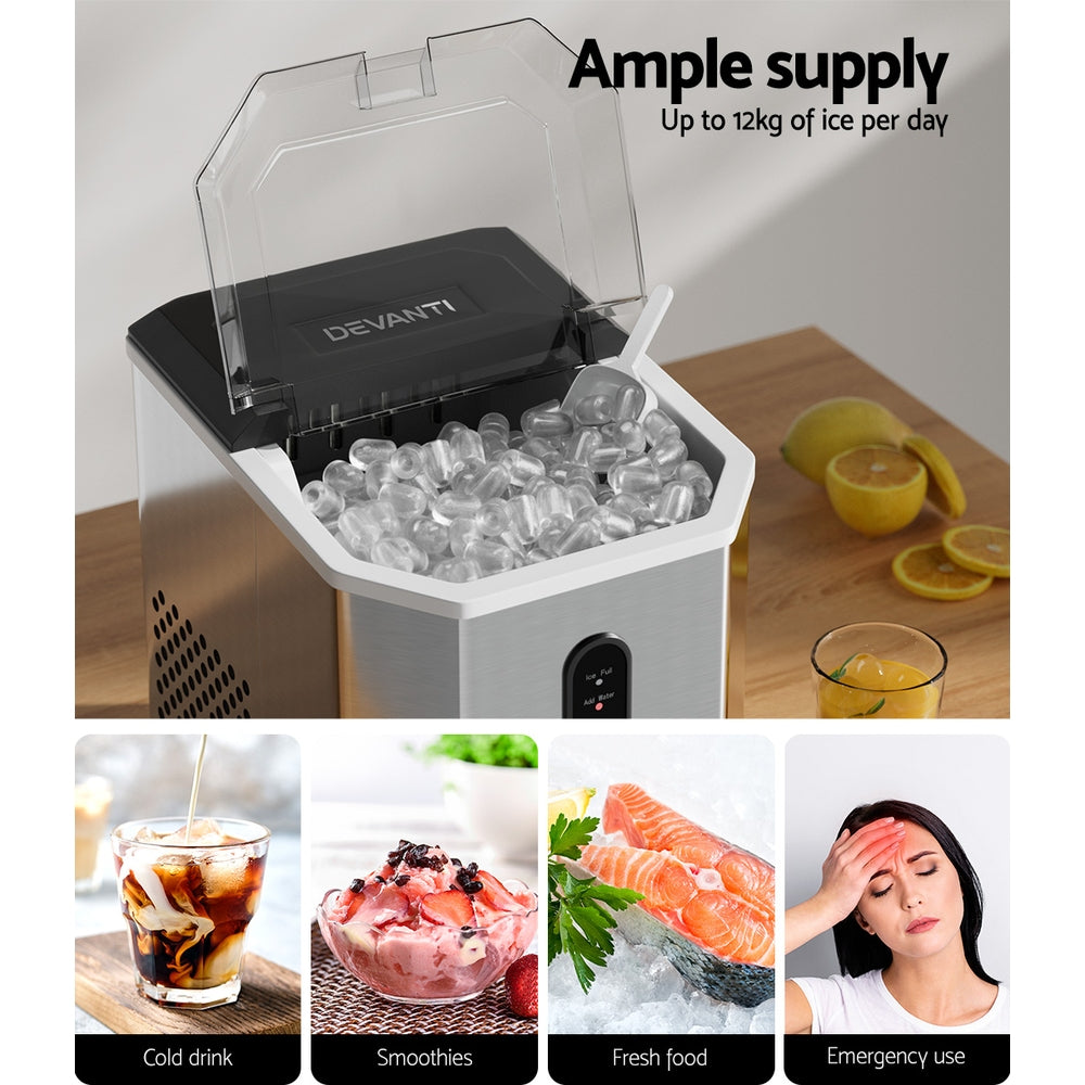 Marlook Portable Ice Maker Machine Ice Cube 12kg Bar Countertop Stainless Steel