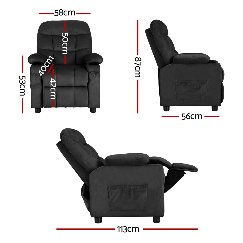 Marlook Kids Recliner Chair Black Velvet Sofa Lounge Couch Children Charis Armchair