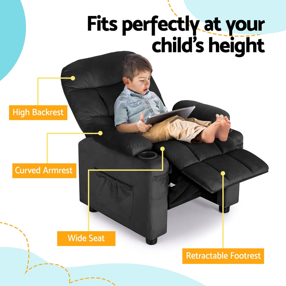 Marlook Kids Recliner Chair Black Velvet Sofa Lounge Couch Children Charis Armchair