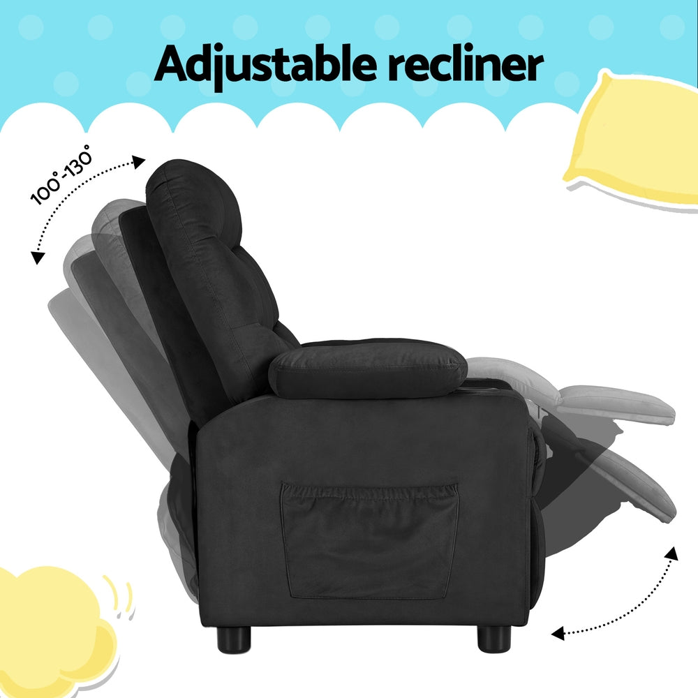 Marlook Kids Recliner Chair Black Velvet Sofa Lounge Couch Children Charis Armchair