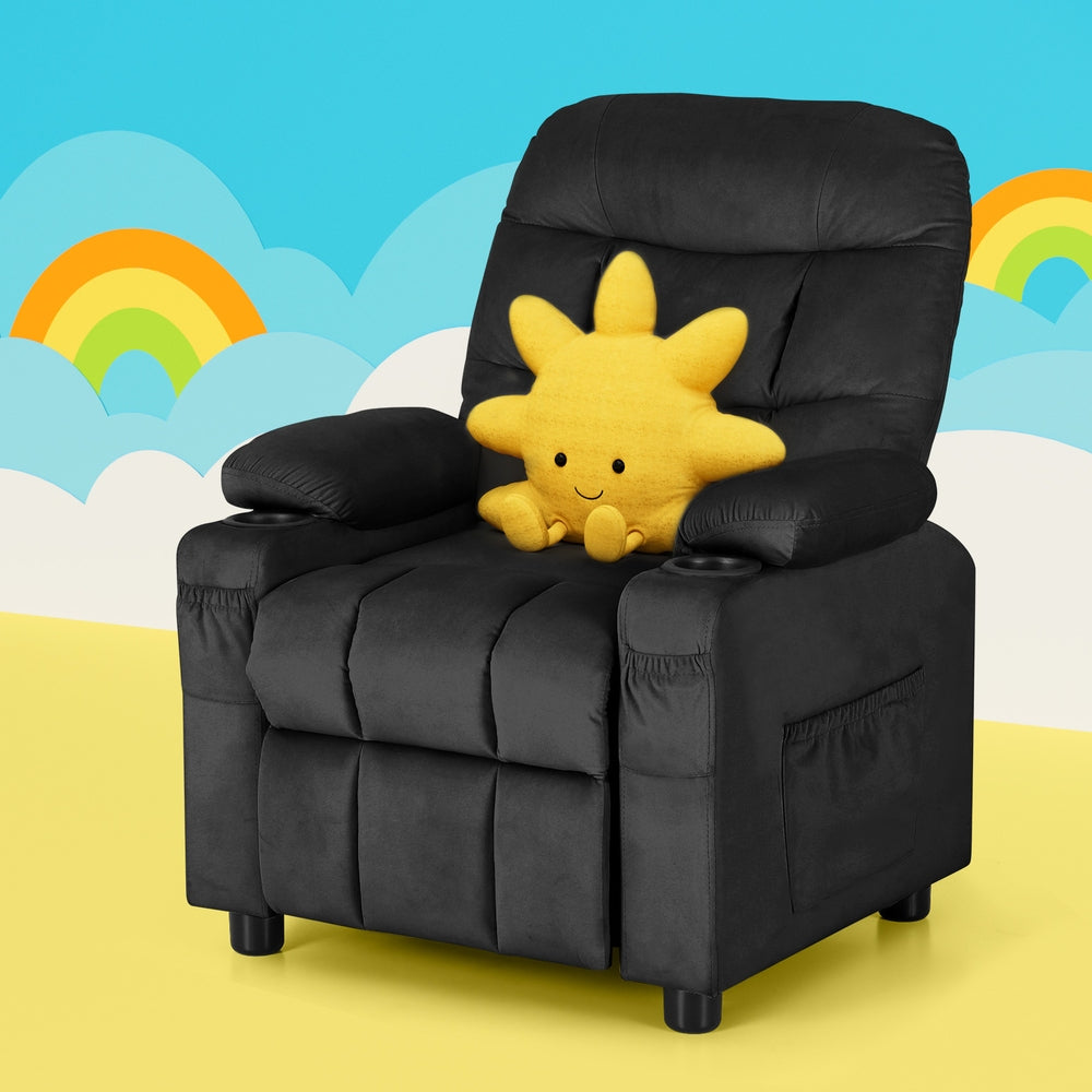 Marlook Kids Recliner Chair Black Velvet Sofa Lounge Couch Children Charis Armchair