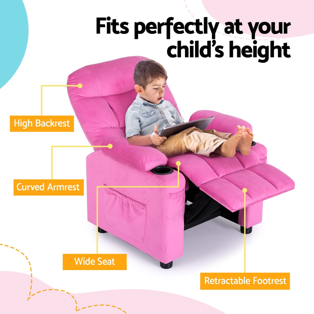 Marlook Kids Recliner Chair Pink Velvet Sofa Lounge Couch Children Charis Armchair
