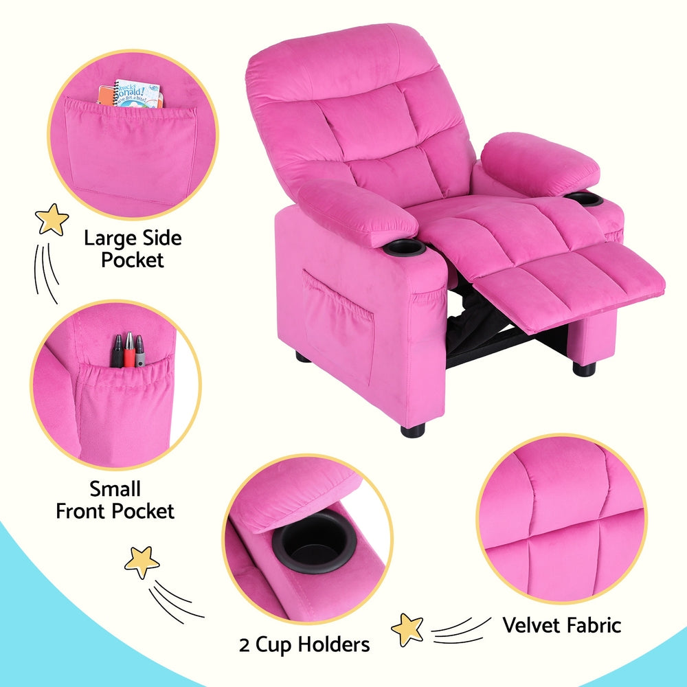 Marlook Kids Recliner Chair Pink Velvet Sofa Lounge Couch Children Charis Armchair