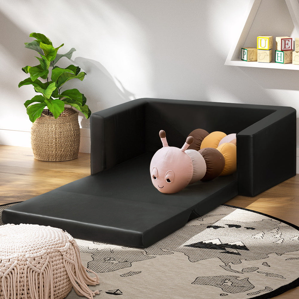 Marlook Kids Sofa 2 Seater Children Flip Open Couch PU Leather Armchair Black