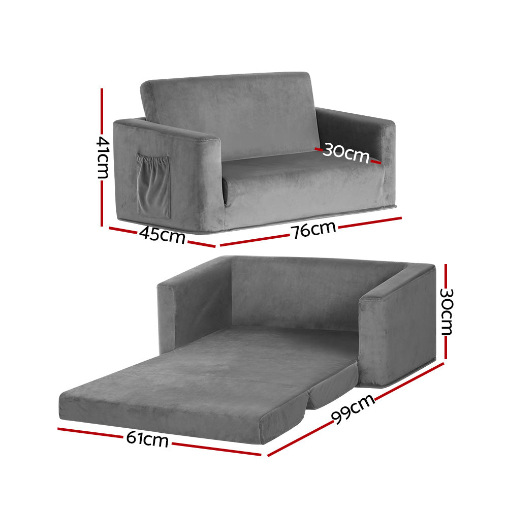 Marlook Kids Sofa 2 Seater Children Flip Open Couch Velvet Armchair Grey