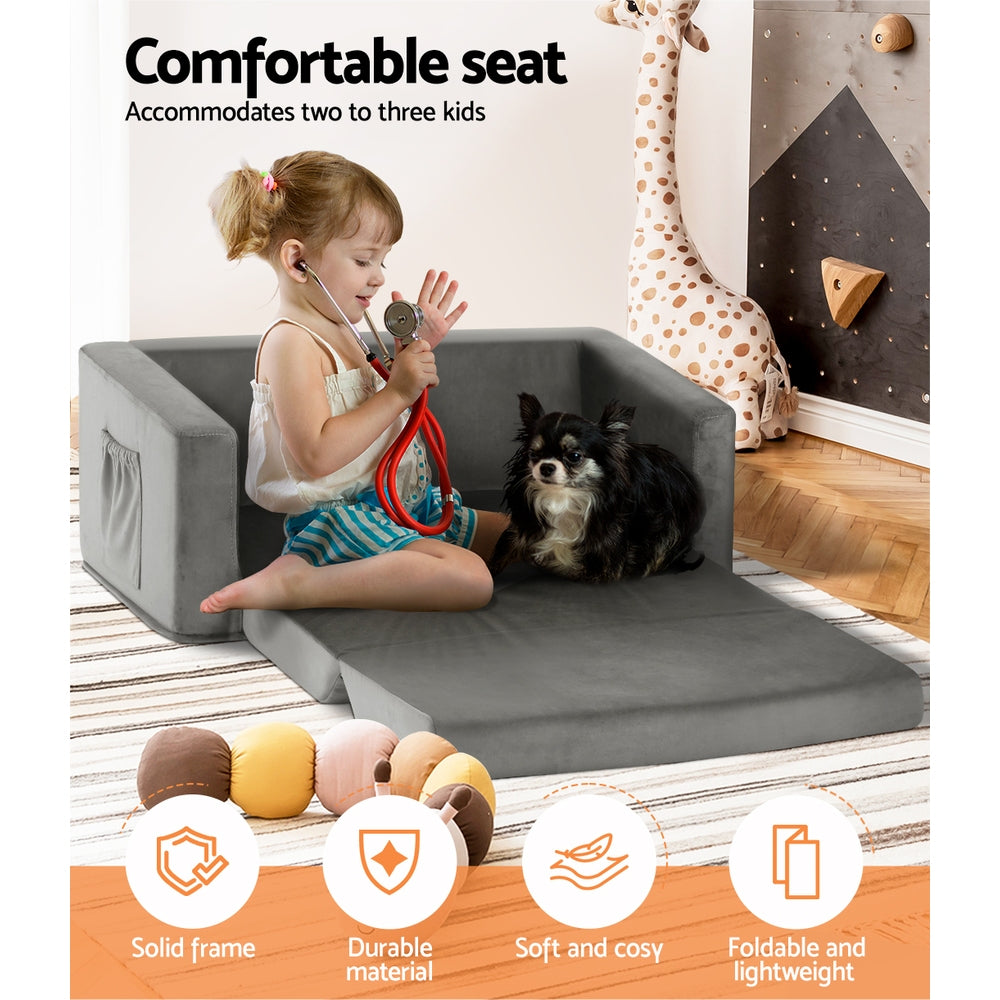 Marlook Kids Sofa 2 Seater Children Flip Open Couch Velvet Armchair Grey