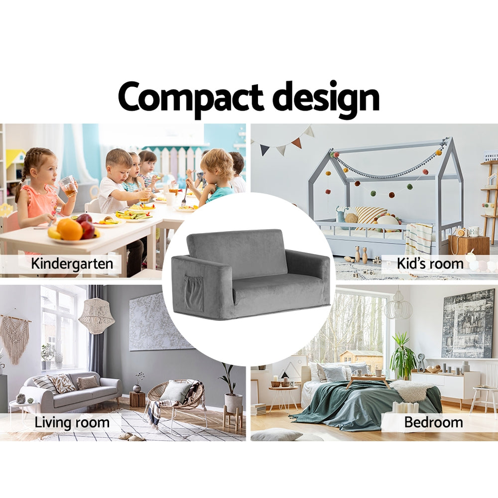 Marlook Kids Sofa 2 Seater Children Flip Open Couch Velvet Armchair Grey