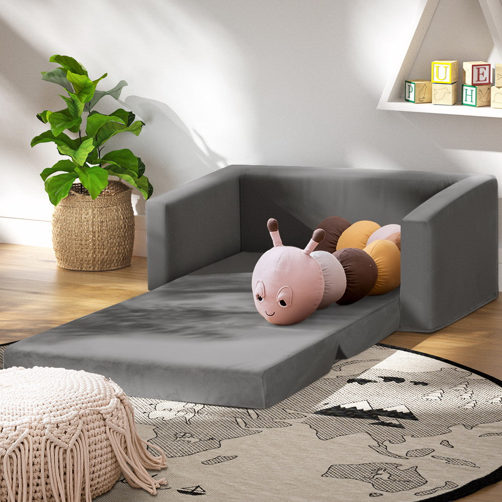 Marlook Kids Sofa 2 Seater Children Flip Open Couch Velvet Armchair Grey