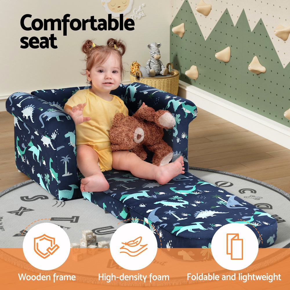 Marlook Kids Sofa 2 Seater Children Flip Open Couch Lounger Armchair Dinosaur Navy