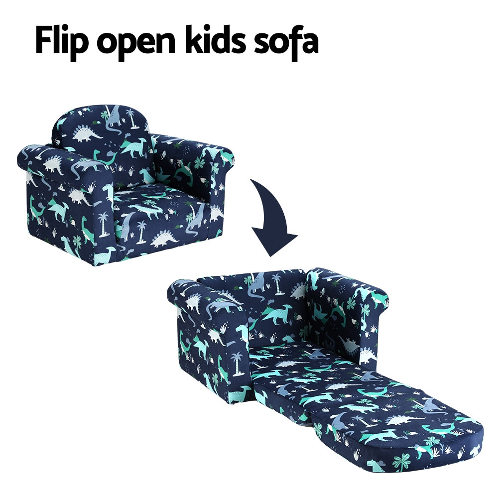 Marlook Kids Sofa 2 Seater Children Flip Open Couch Lounger Armchair Dinosaur Navy