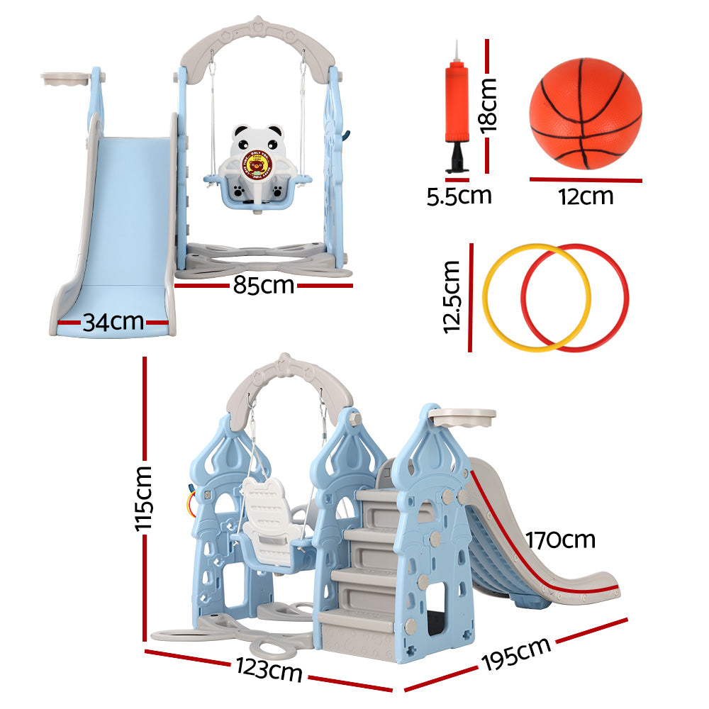 Marlook Kids Slide Swing Set Basketball Hoop Rings Outdoor Playground 170cm Blue
