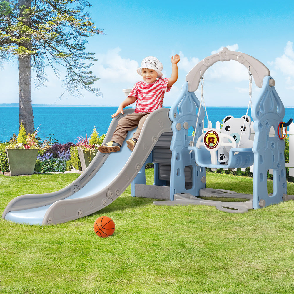 Marlook Kids Slide Swing Set Basketball Hoop Rings Outdoor Playground 170cm Blue