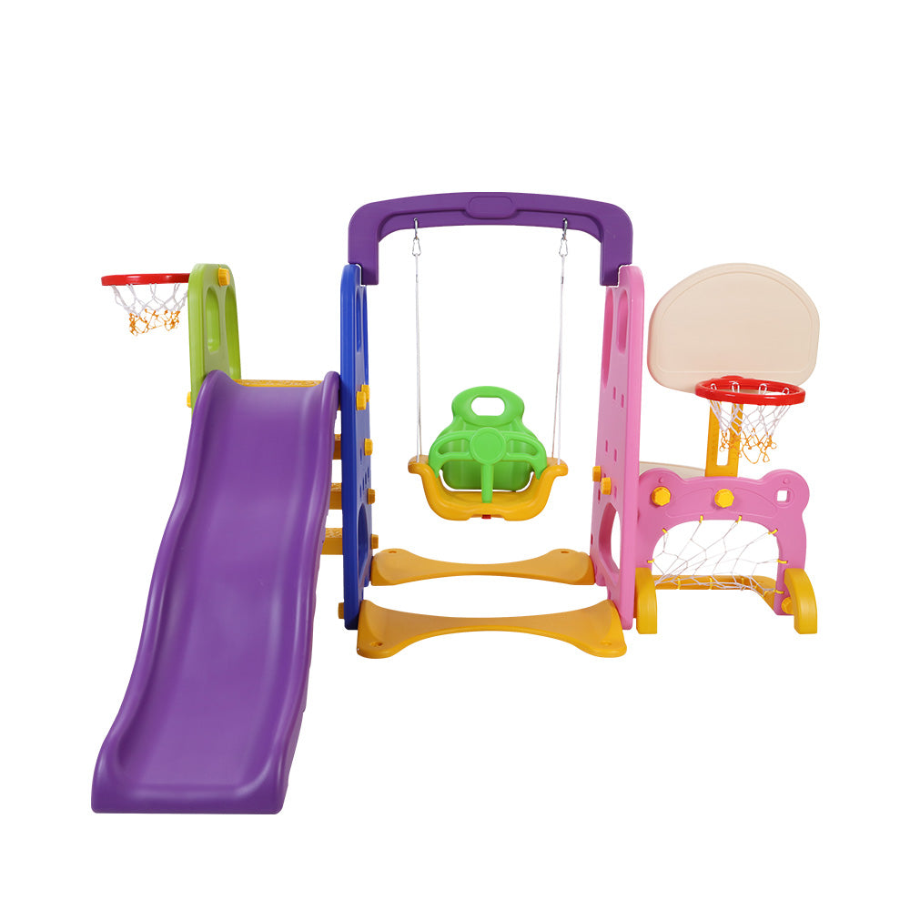 Marlook Kids Slide Swing Set Basketball Hoop Study Table Outdoor Toys 140cm Purple