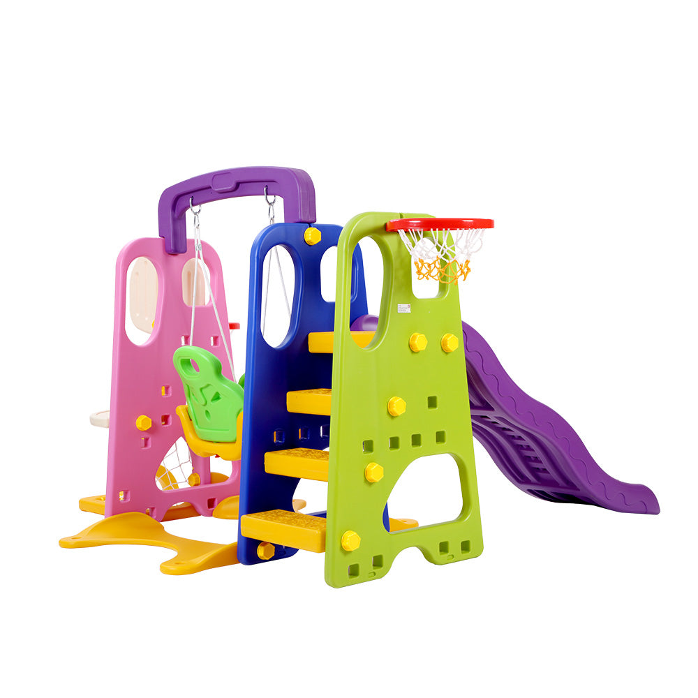 Marlook Kids Slide Swing Set Basketball Hoop Study Table Outdoor Toys 140cm Purple