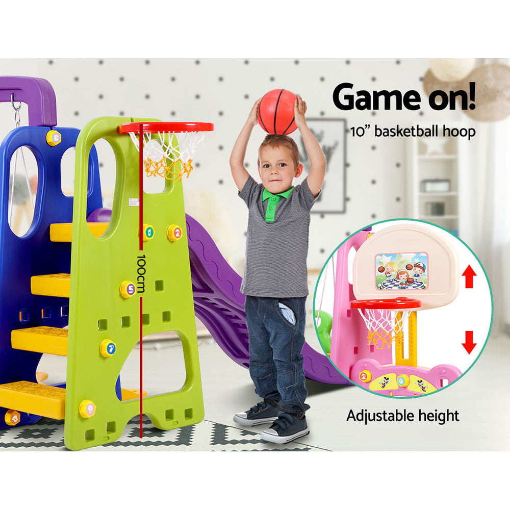 Marlook Kids Slide Swing Set Basketball Hoop Study Table Outdoor Toys 140cm Purple