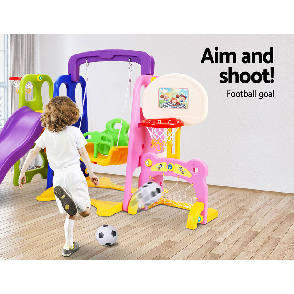 Marlook Kids Slide Swing Set Basketball Hoop Study Table Outdoor Toys 140cm Purple
