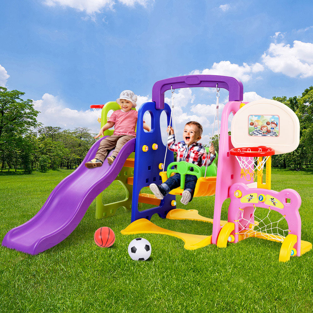 Marlook Kids Slide Swing Set Basketball Hoop Study Table Outdoor Toys 140cm Purple