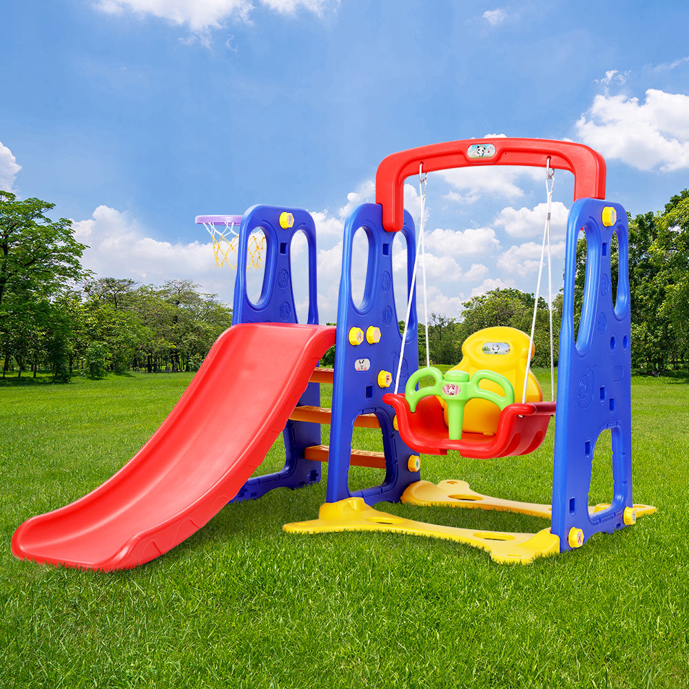 Marlook Kids Slide Swing Set Basketball Hoop Outdoor Playground Toys 120cm Blue