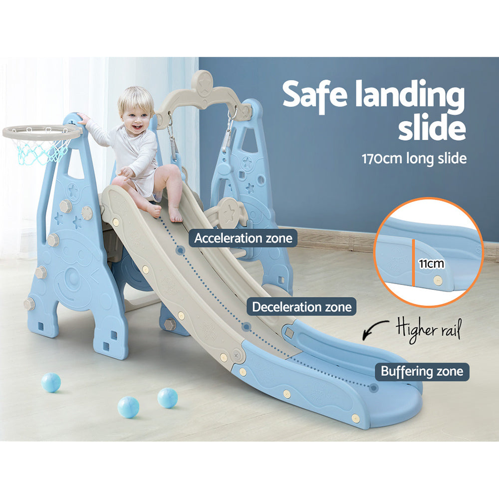 Marlook Kids Slide Swing Set Basketball Hoop Outdoor Playground Toys 170cm Blue