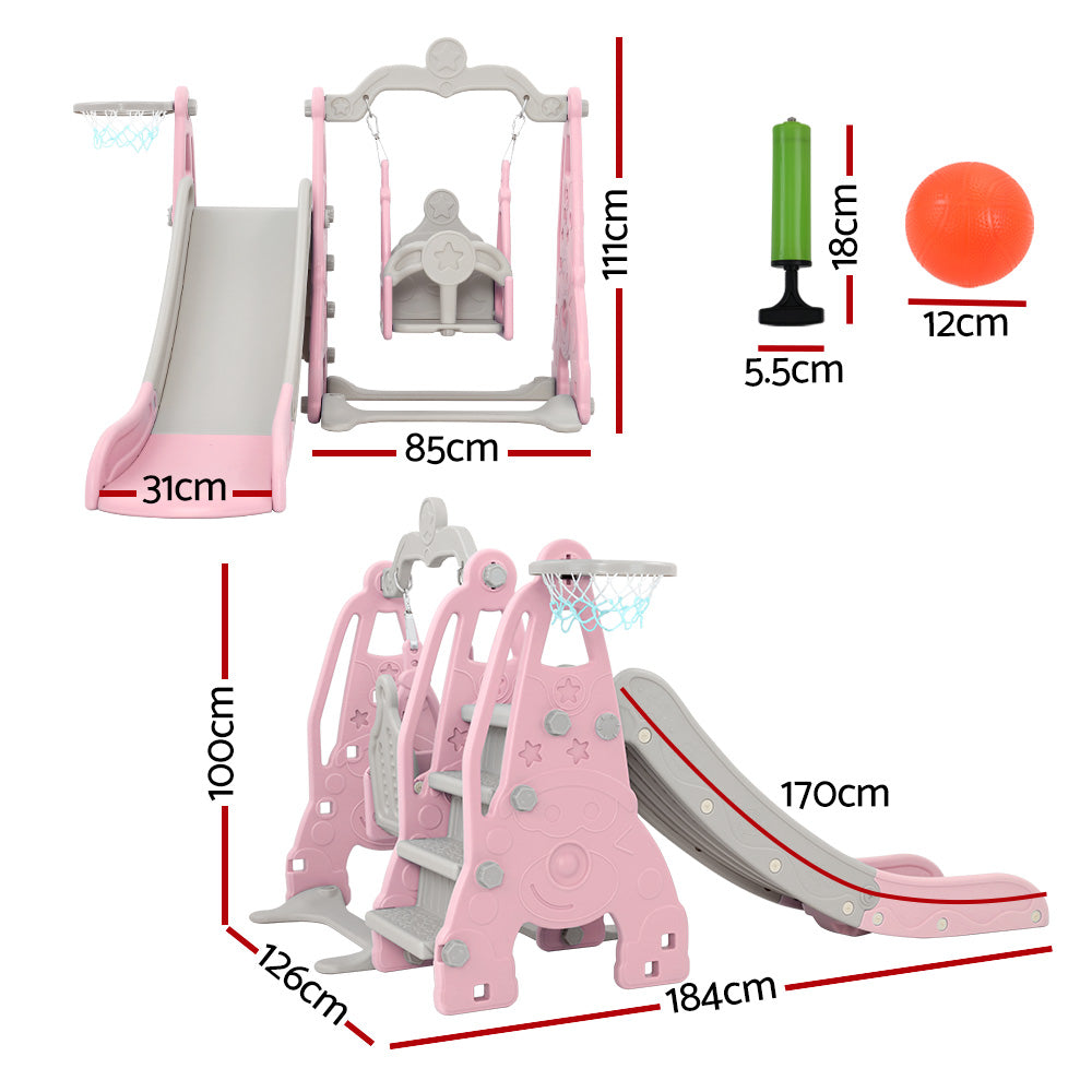 Marlook Kids Slide Swing Set Basketball Hoop Outdoor Playground Toys 170cm Pink
