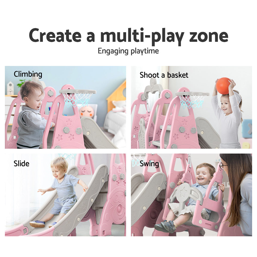 Marlook Kids Slide Swing Set Basketball Hoop Outdoor Playground Toys 170cm Pink