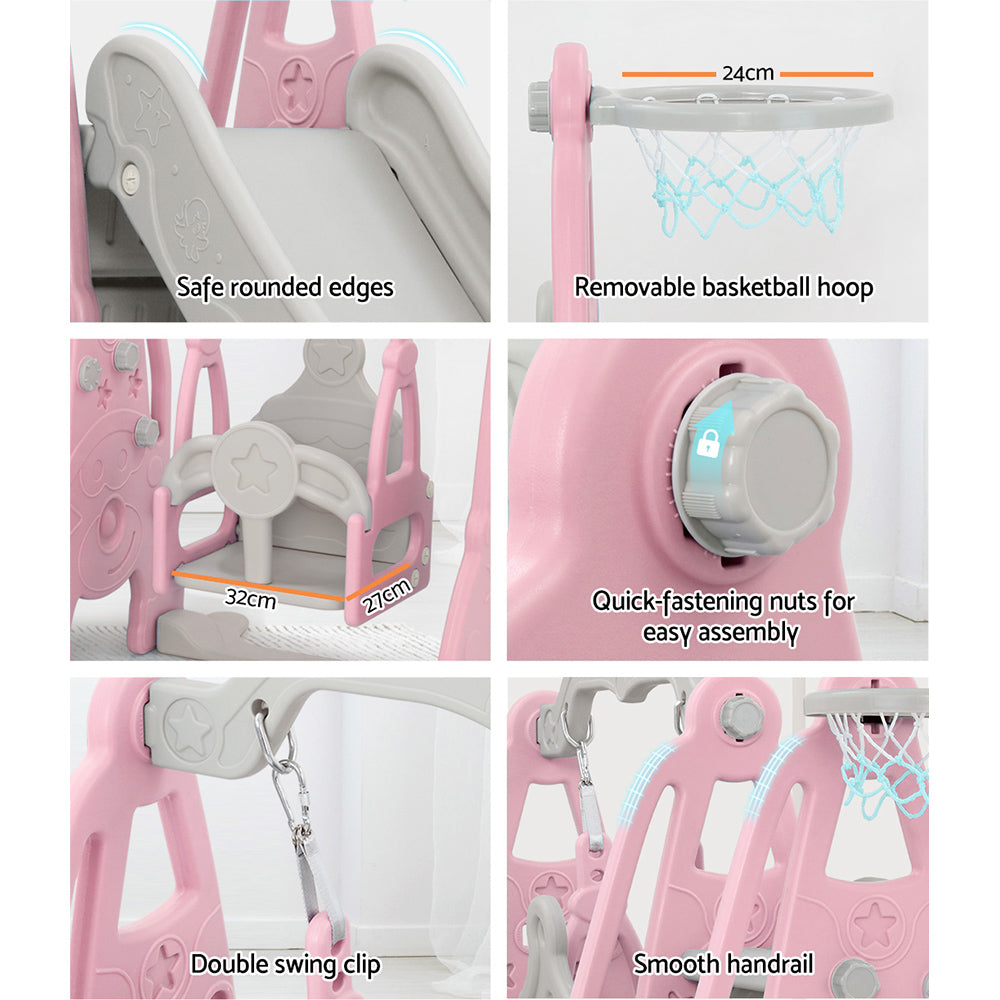Marlook Kids Slide Swing Set Basketball Hoop Outdoor Playground Toys 170cm Pink
