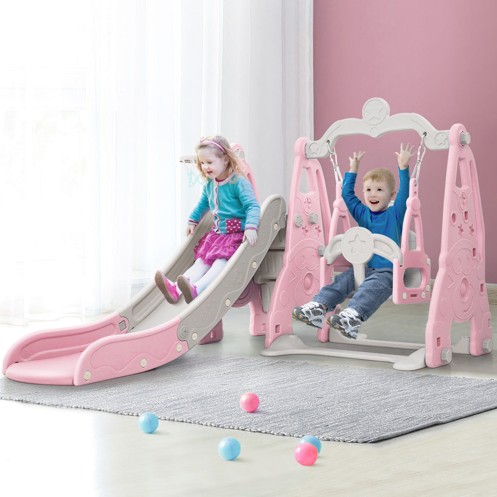 Marlook Kids Slide Swing Set Basketball Hoop Outdoor Playground Toys 170cm Pink