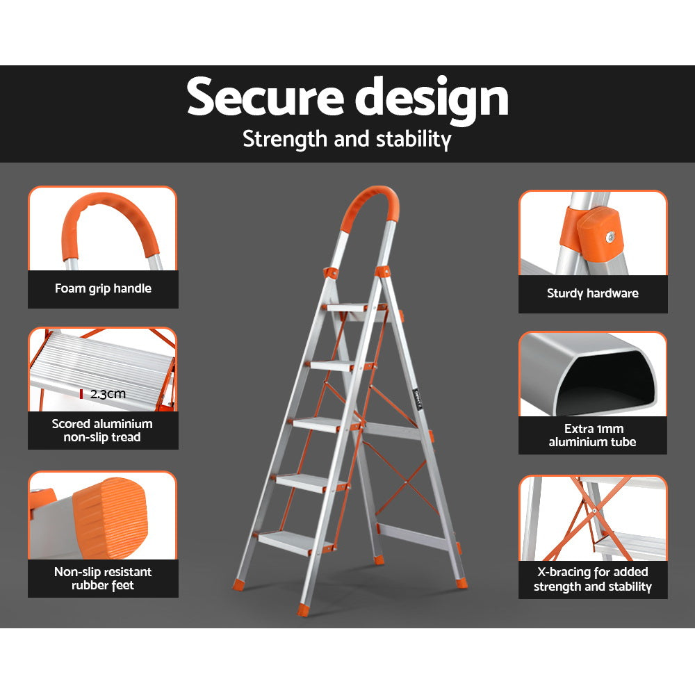 Marlook 5 Step Ladder Multi-Purpose Folding Aluminium Light Weight Non Slip Platform