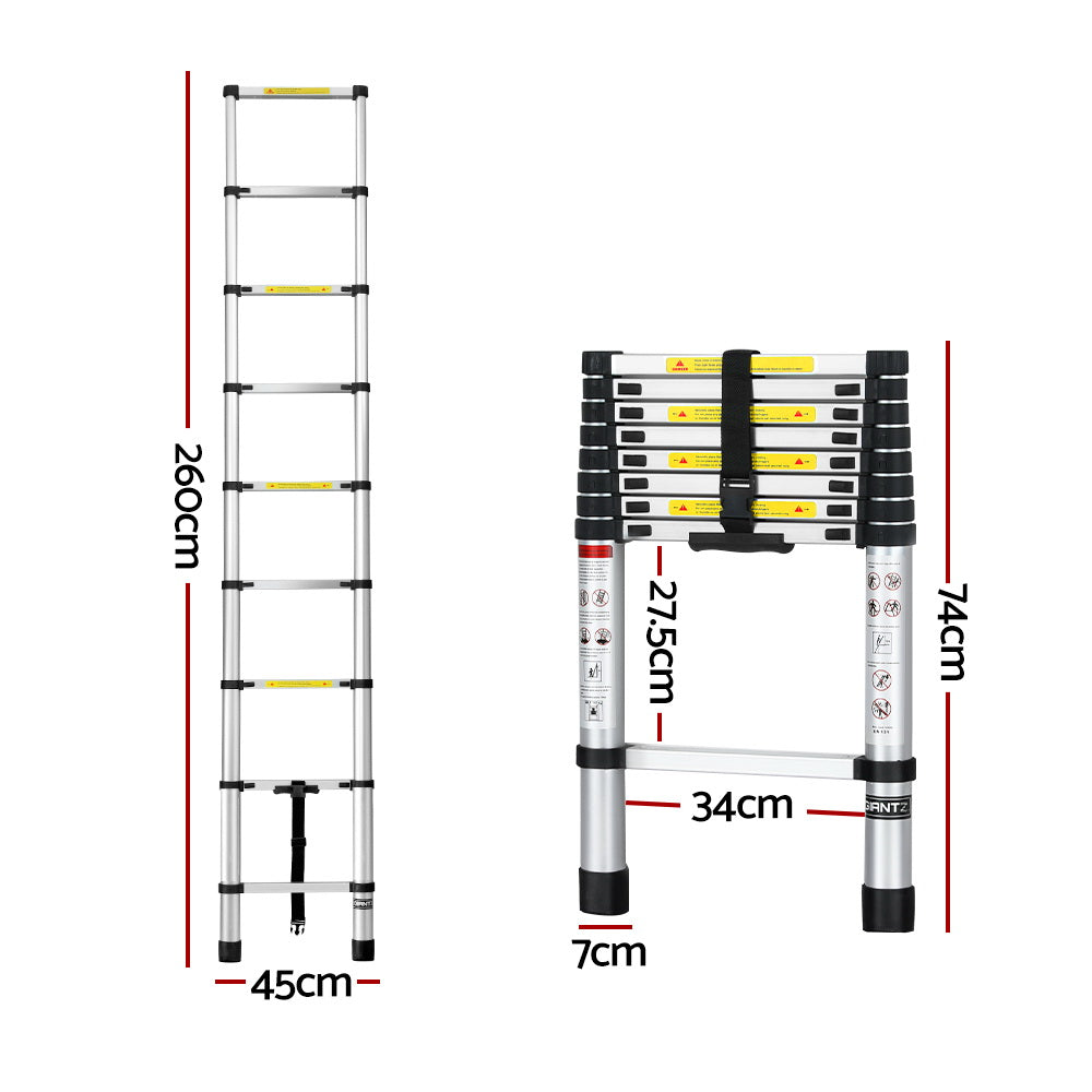 Marlook 2.6M Telescopic Ladder Aluminium Extension Extendable Steps Adjustable Height