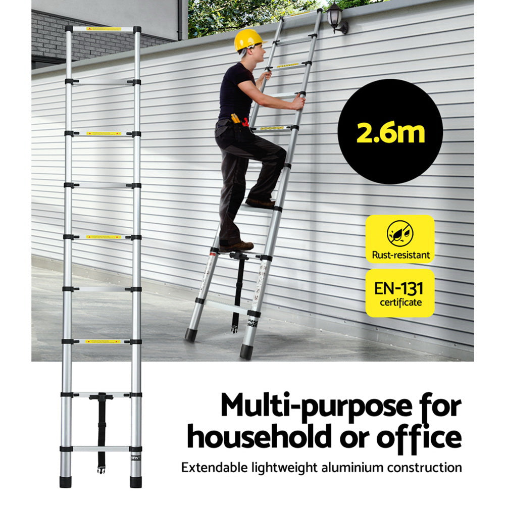 Marlook 2.6M Telescopic Ladder Aluminium Extension Extendable Steps Adjustable Height