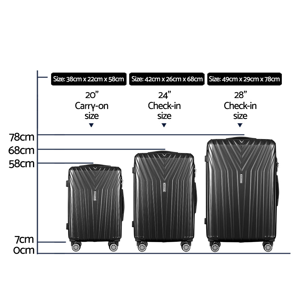 Marlook 3pc Luggage Trolley Set Suitcase Travel TSA Hard Case Carry On Black Lightweight