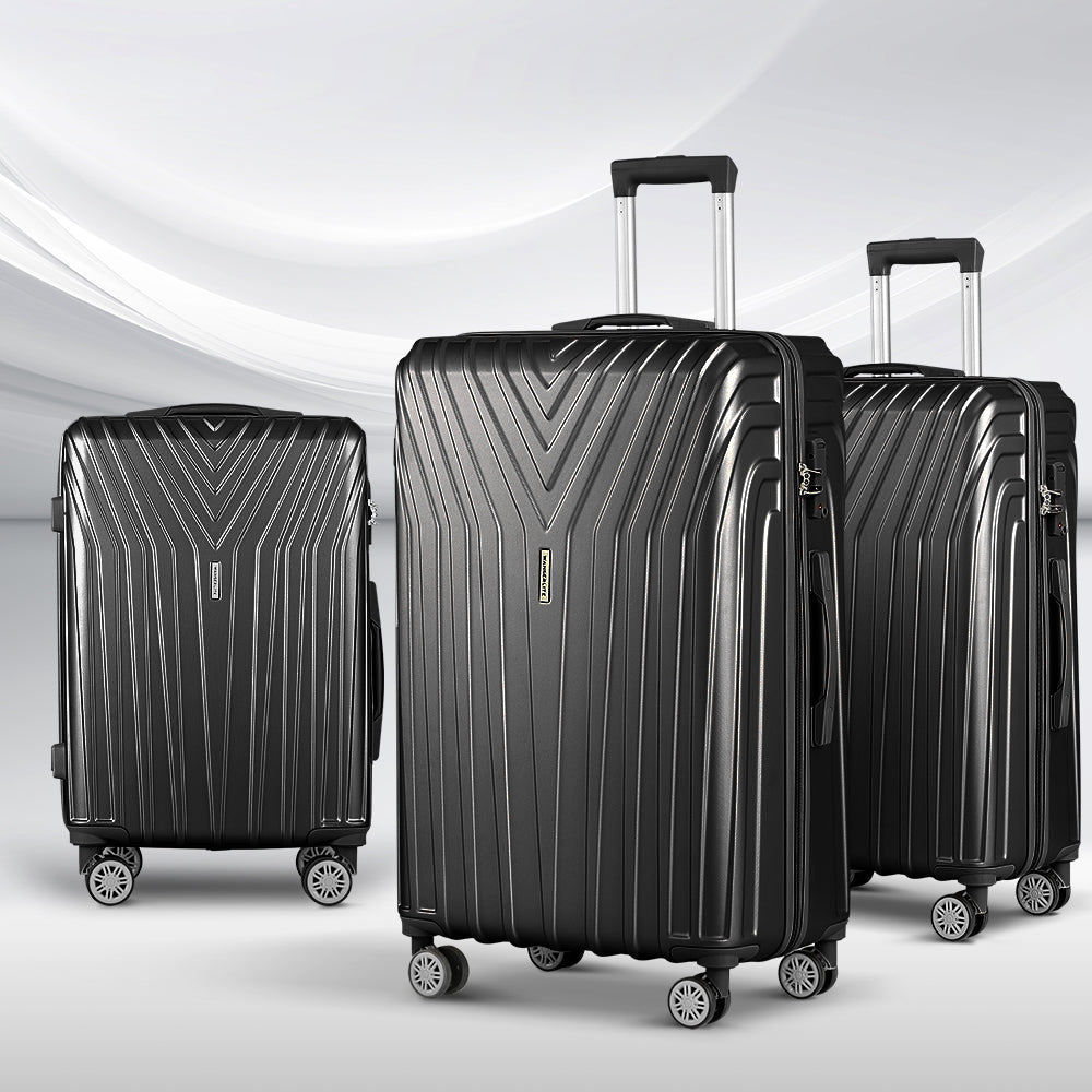 Marlook 3pc Luggage Trolley Set Suitcase Travel TSA Hard Case Carry On Black Lightweight