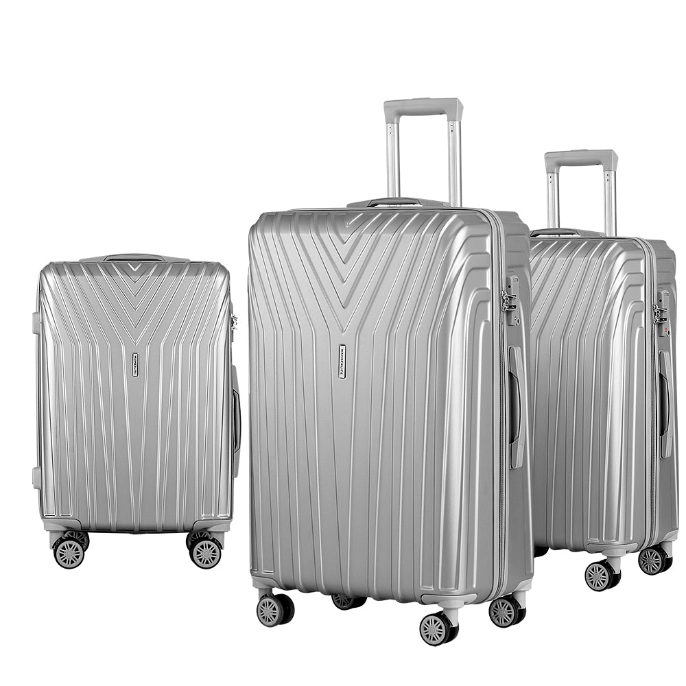 Marlook 3pc Luggage Trolley Set Suitcase Travel TSA Hard Case Carry On Silver Lightweight
