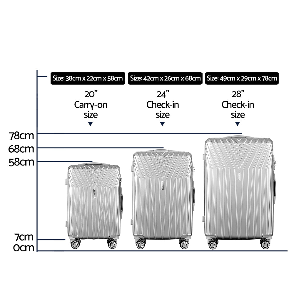 Marlook 3pc Luggage Trolley Set Suitcase Travel TSA Hard Case Carry On Silver Lightweight