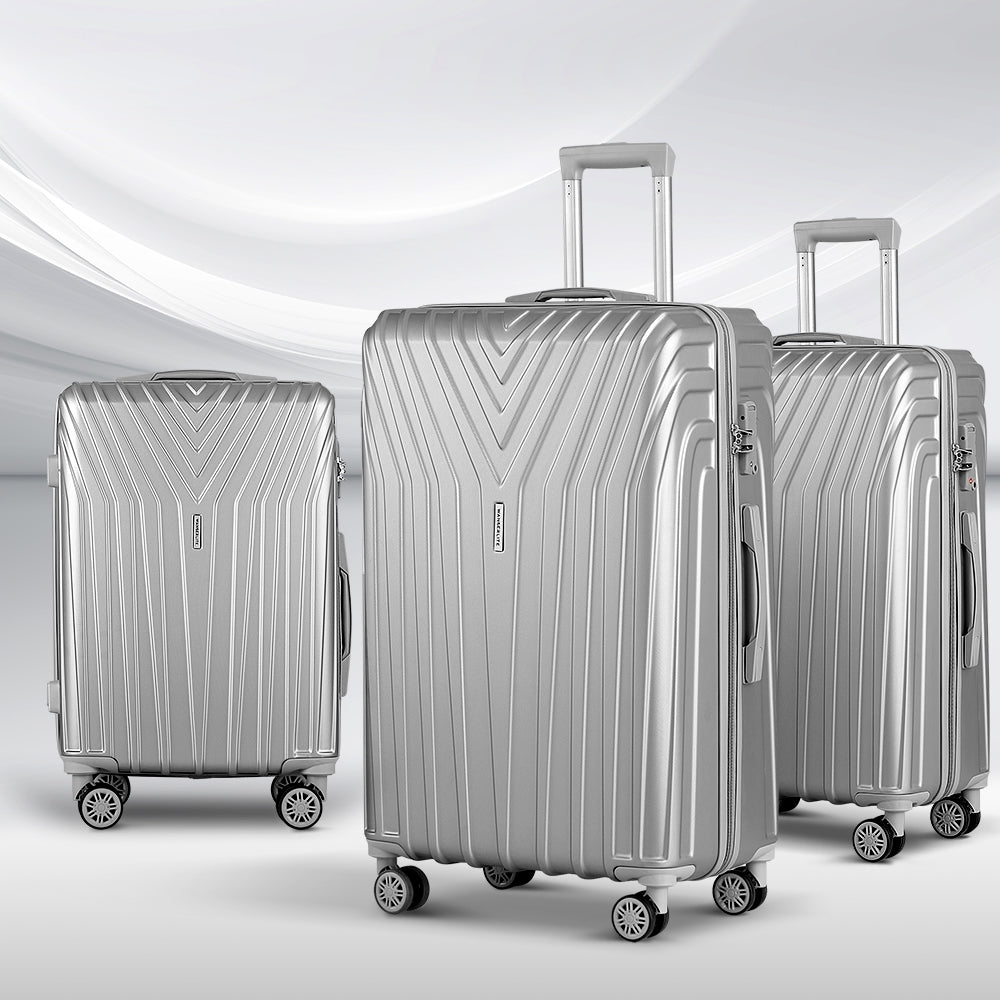 Marlook 3pc Luggage Trolley Set Suitcase Travel TSA Hard Case Carry On Silver Lightweight