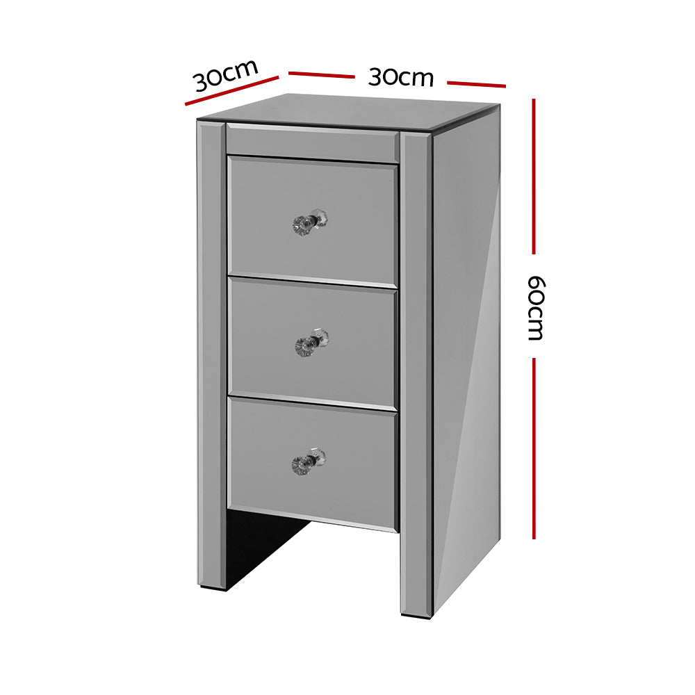 Marlook Bedside Table 3 Drawers Mirrored Glass - QUENN Grey