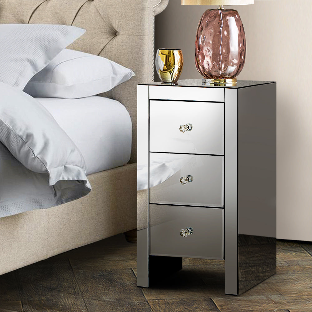 Marlook Bedside Table 3 Drawers Mirrored Glass - QUENN Grey