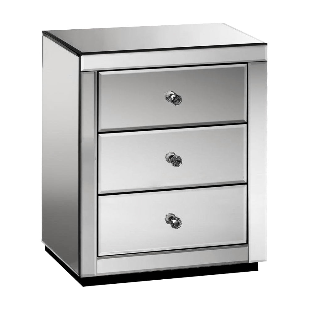 Marlook Bedside Table 3 Drawers Mirrored - PRESIA Grey