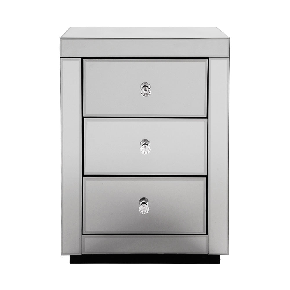 Marlook Bedside Table 3 Drawers Mirrored - PRESIA Grey
