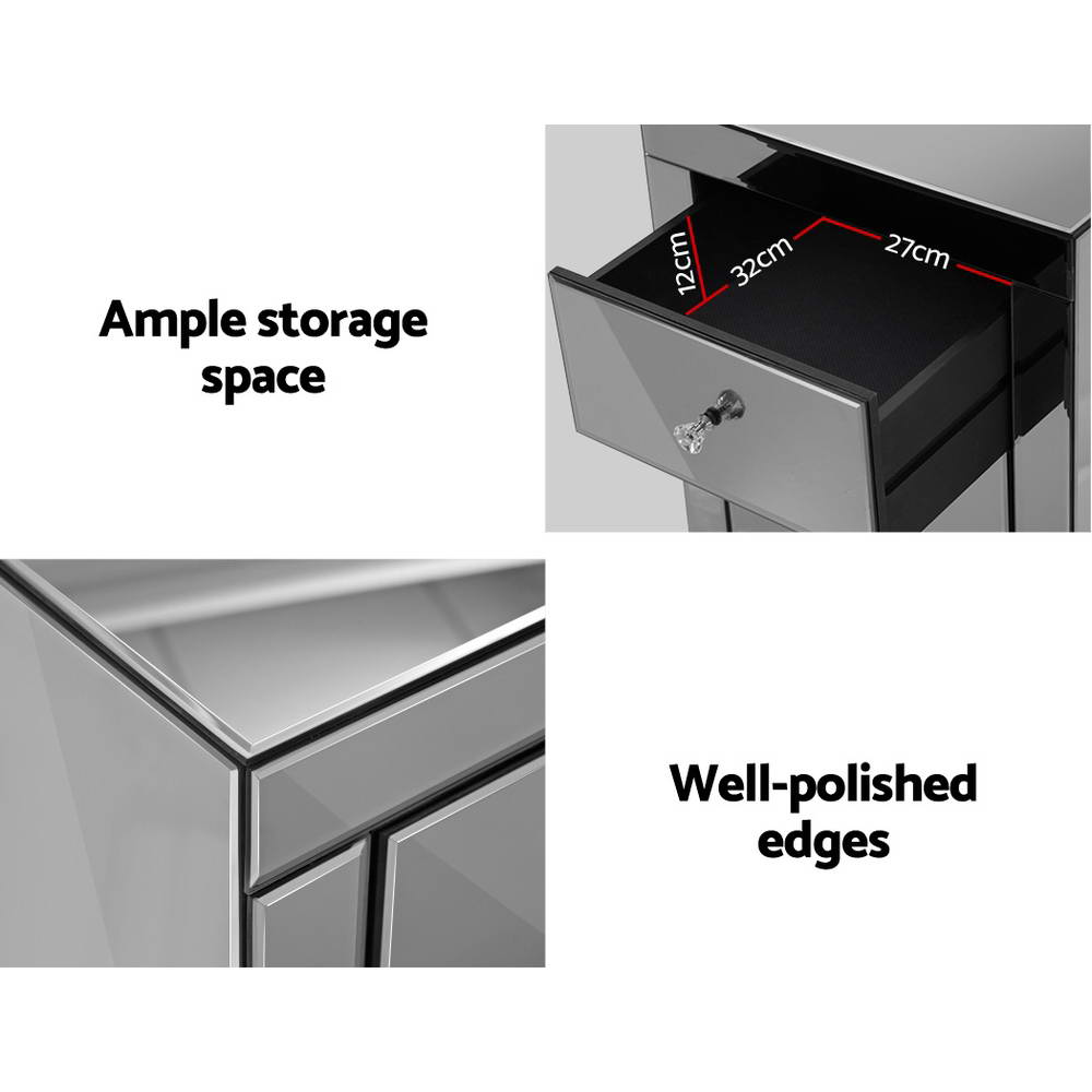 Marlook Bedside Table 3 Drawers Mirrored - PRESIA Grey