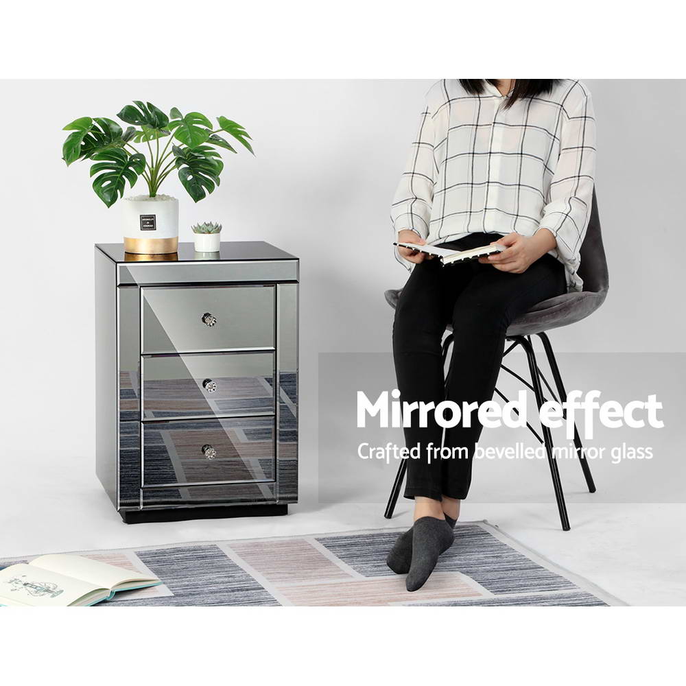 Marlook Bedside Table 3 Drawers Mirrored - PRESIA Grey