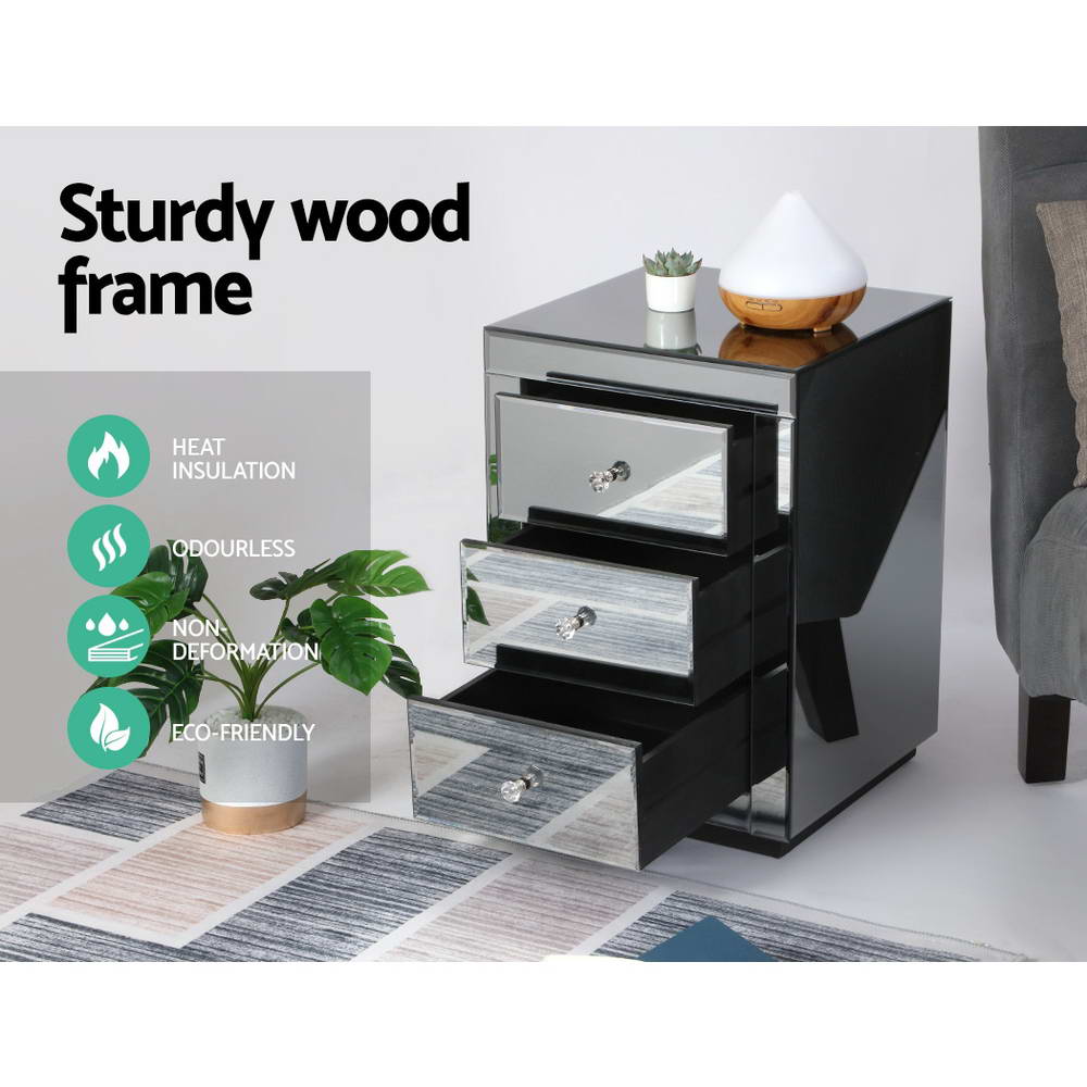 Marlook Bedside Table 3 Drawers Mirrored - PRESIA Grey