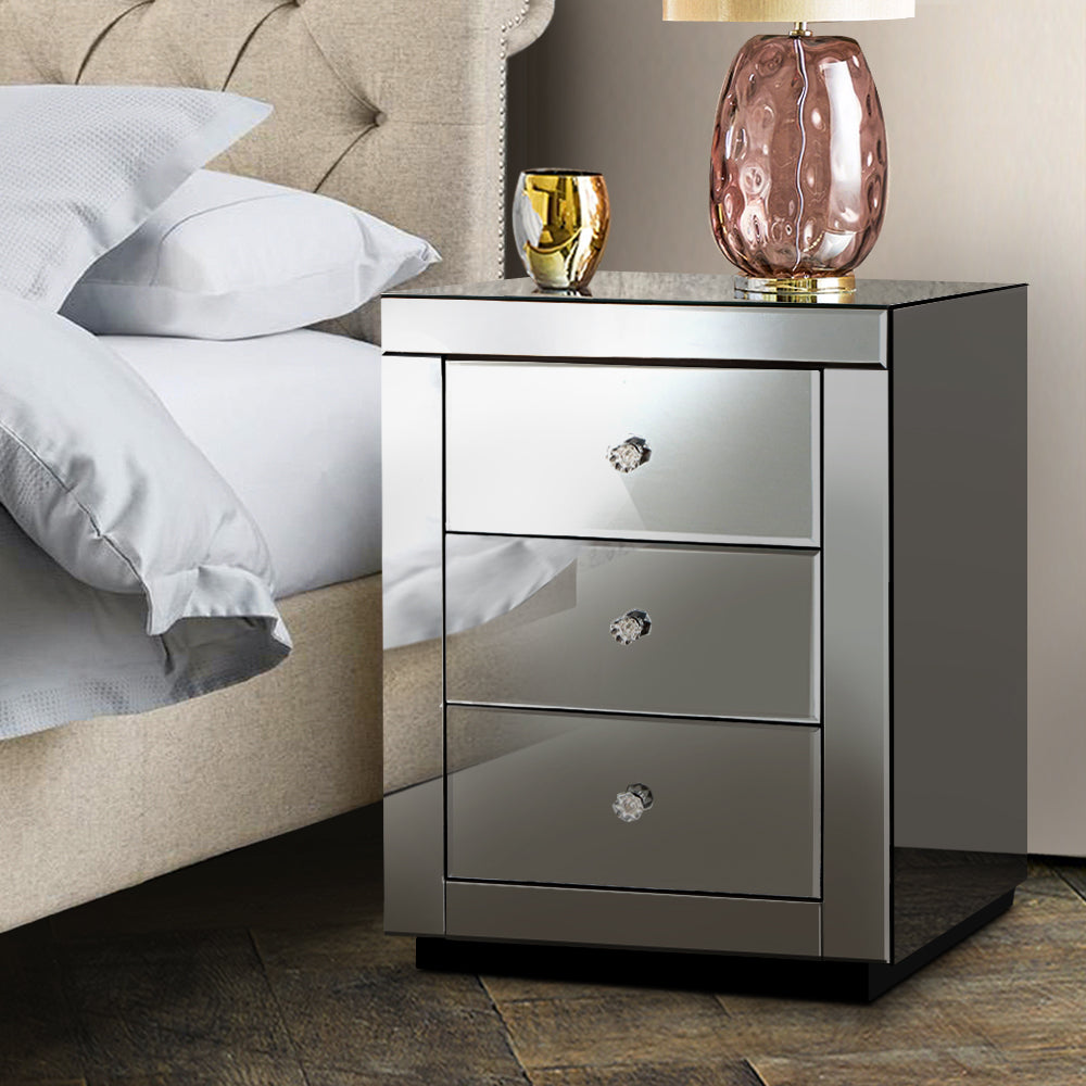 Marlook Bedside Table 3 Drawers Mirrored - PRESIA Grey