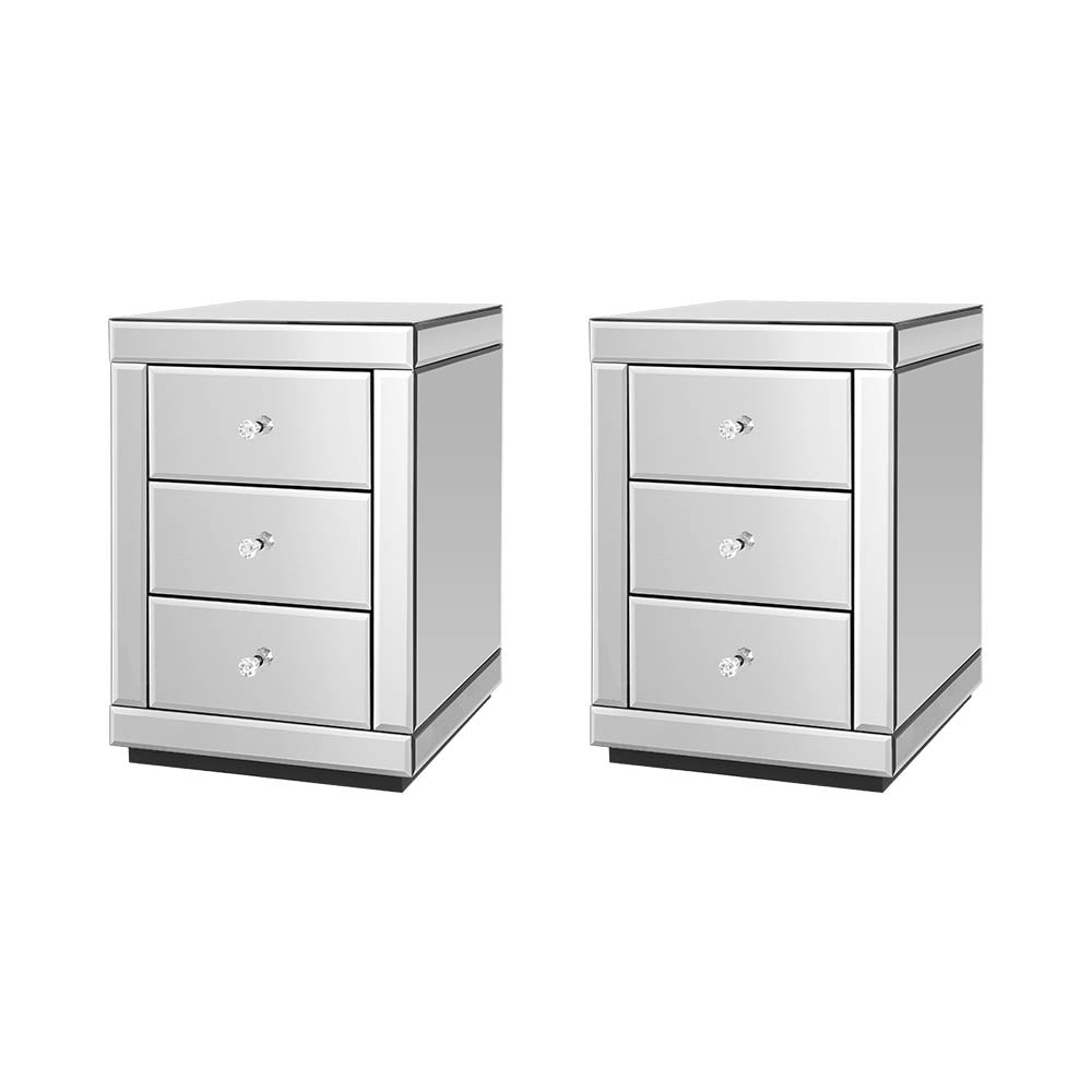 Marlook Set of 2 Bedside Table 3 Drawers Mirrored Glass - PRESIA Silver