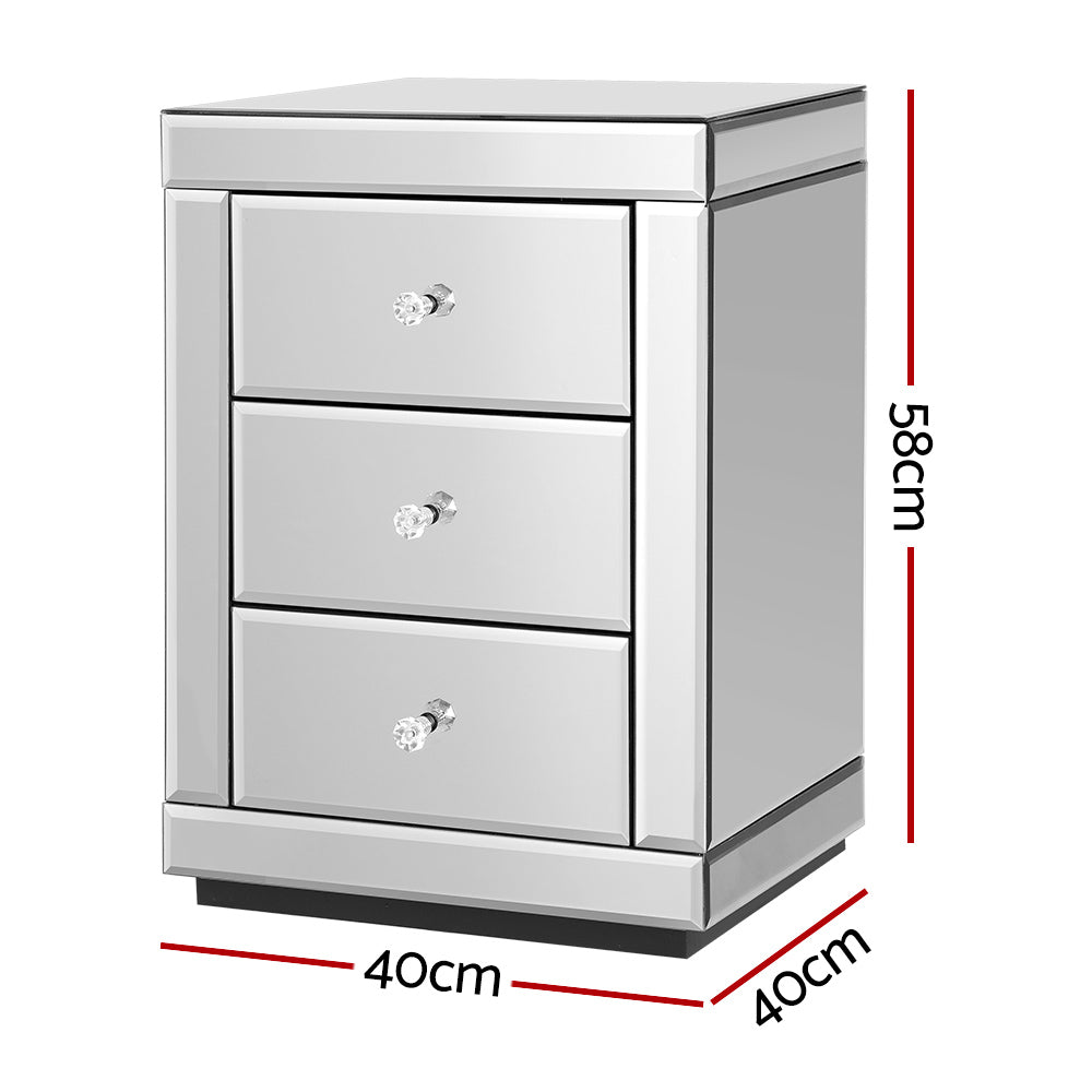 Marlook Set of 2 Bedside Table 3 Drawers Mirrored Glass - PRESIA Silver