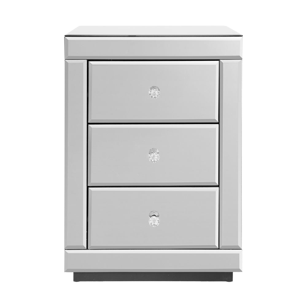 Marlook Set of 2 Bedside Table 3 Drawers Mirrored Glass - PRESIA Silver