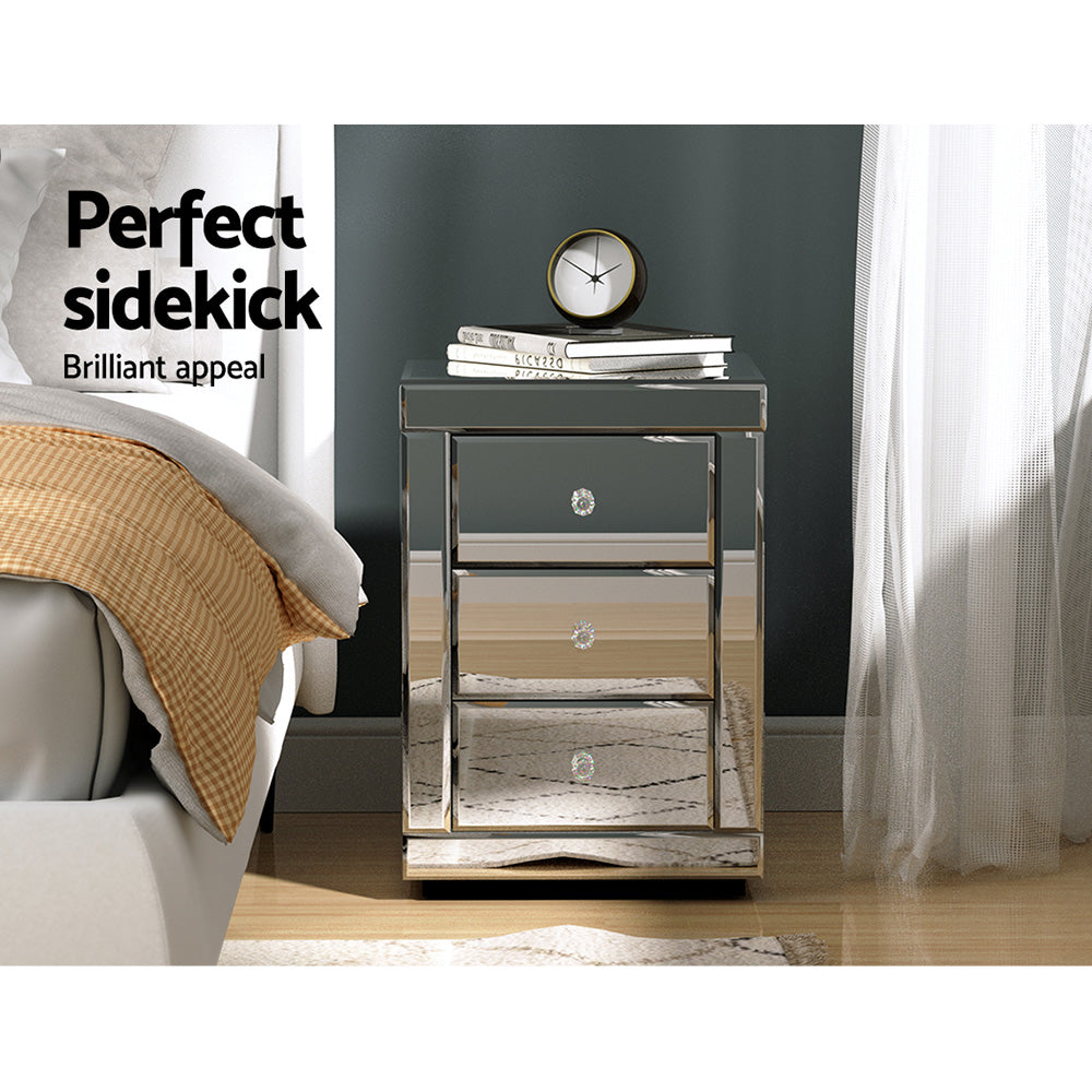 Marlook Set of 2 Bedside Table 3 Drawers Mirrored Glass - PRESIA Silver
