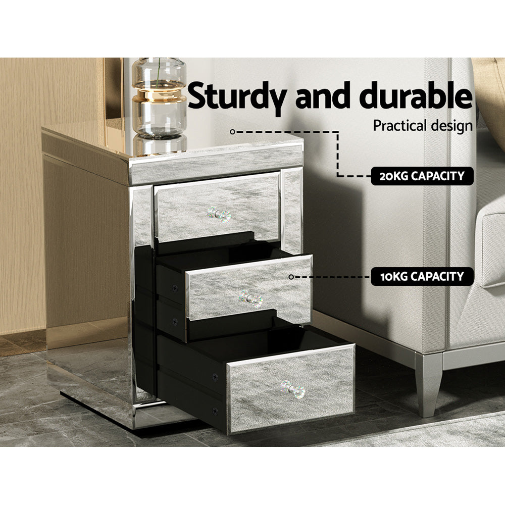 Marlook Set of 2 Bedside Table 3 Drawers Mirrored Glass - PRESIA Silver