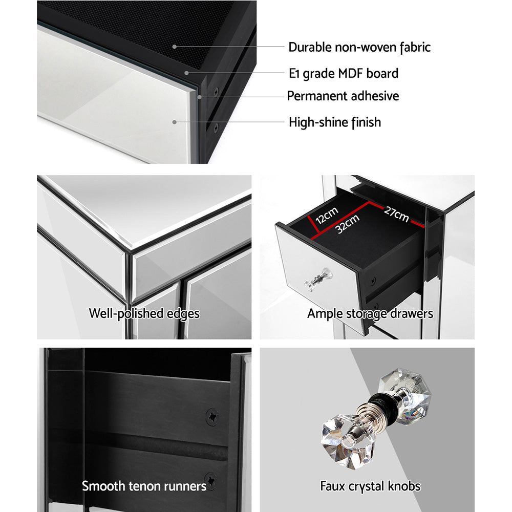 Marlook Set of 2 Bedside Table 3 Drawers Mirrored Glass - PRESIA Silver